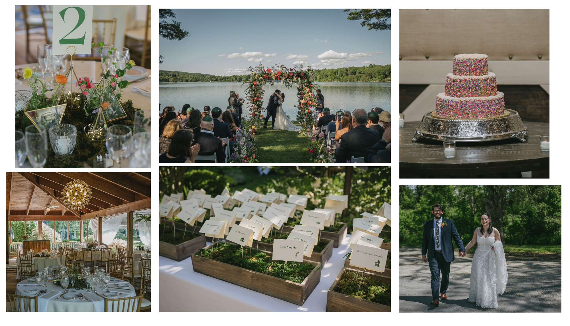 collage of photos of name tags, a cake, a wedding table setting and the bride and groom walking outdoors